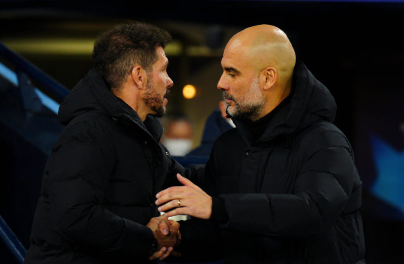 Le manager de l'Atletico Madrid Diego Simeone et le manager de Manchester City Pep Guardiola Manchester City - Atletico Madrid