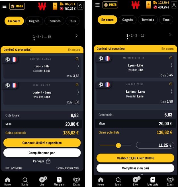 Cash Out Winamax exemple