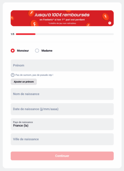 Inscription Step 1 Betclic Feebets