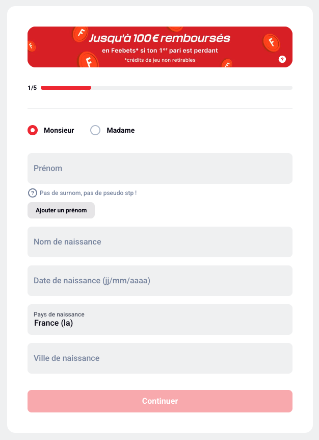 Inscription Step 1 Betclic Feebets